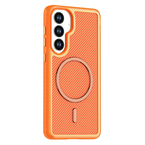 For Samsung Galaxy S26 Magnetic Case Carbon Fiber Texture PC + TPU Phone Cover with Independent Button - Orange - 1