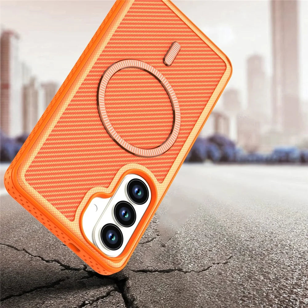 For Samsung Galaxy S26 Magnetic Case Carbon Fiber Texture PC + TPU Phone Cover with Independent Button - Orange - 4