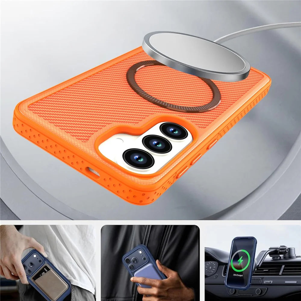 For Samsung Galaxy S26 Magnetic Case Carbon Fiber Texture PC + TPU Phone Cover with Independent Button - Orange - 6