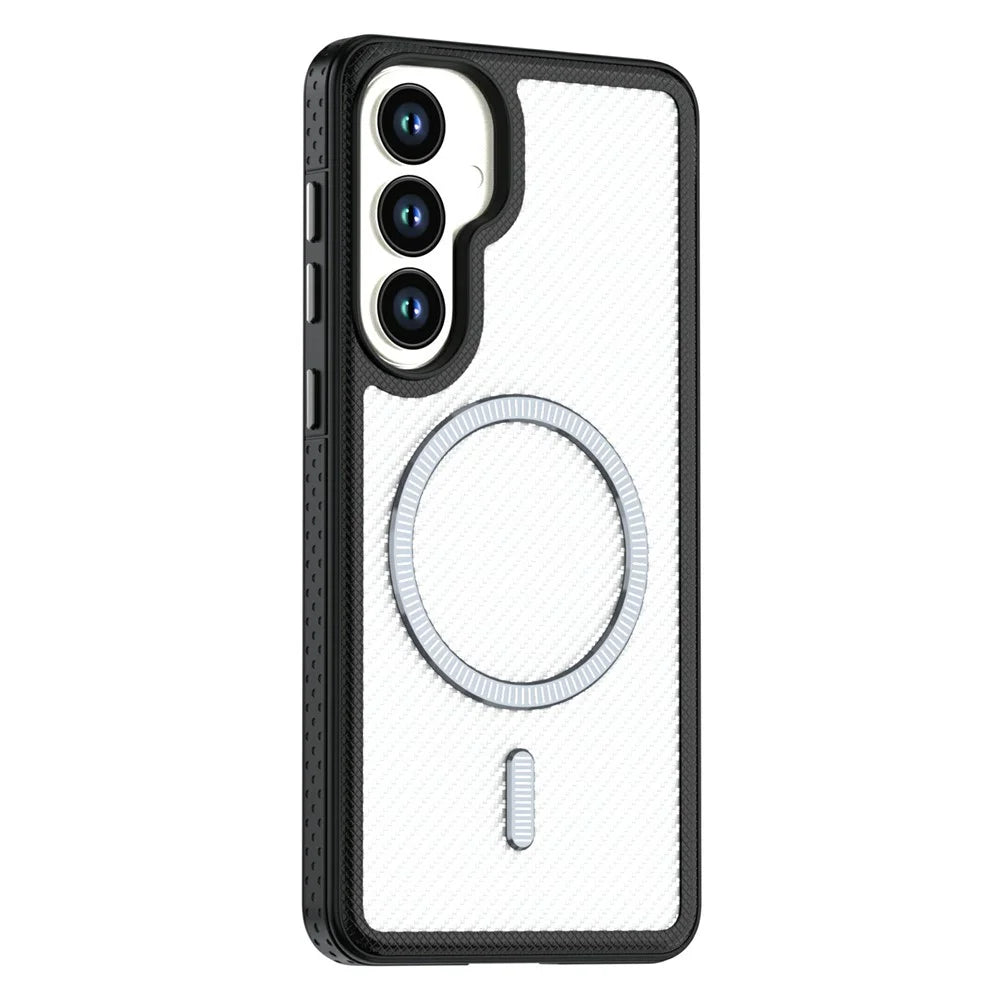 For Samsung Galaxy S26+ Magnetic Case Carbon Fiber Texture PC + TPU Phone Cover with Independent Button - White - 1
