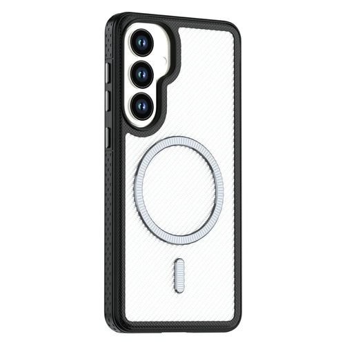For Samsung Galaxy S26+ Magnetic Case Carbon Fiber Texture PC + TPU Phone Cover with Independent Button - White - 1