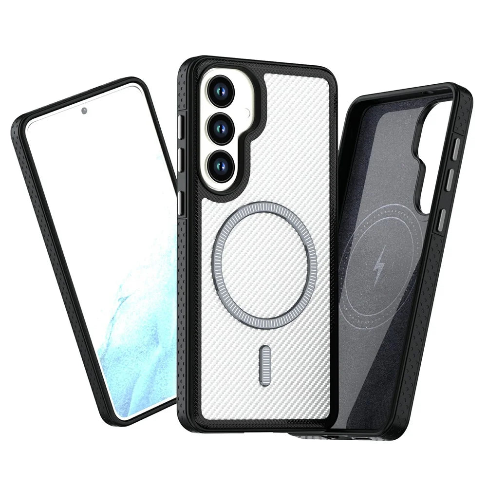 For Samsung Galaxy S26+ Magnetic Case Carbon Fiber Texture PC + TPU Phone Cover with Independent Button - White - 2