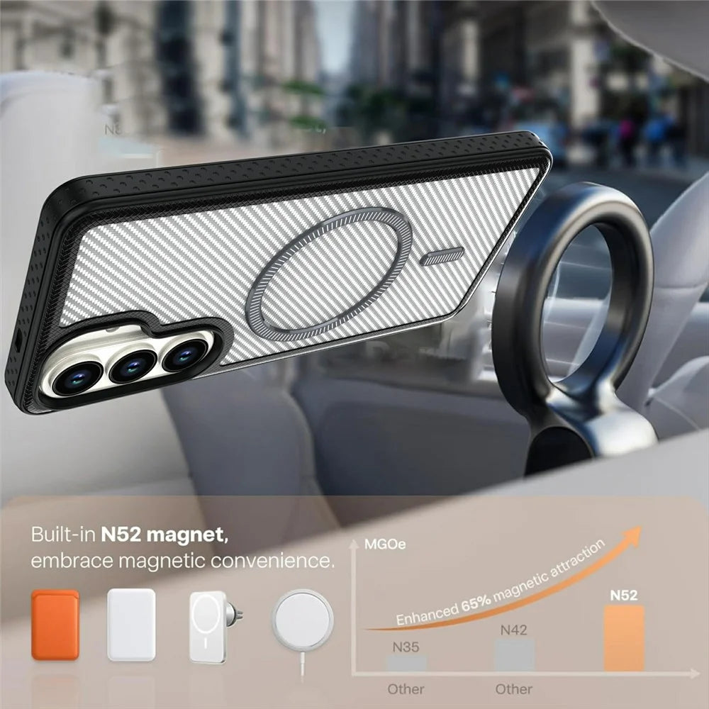 For Samsung Galaxy S26+ Magnetic Case Carbon Fiber Texture PC + TPU Phone Cover with Independent Button - White - 4
