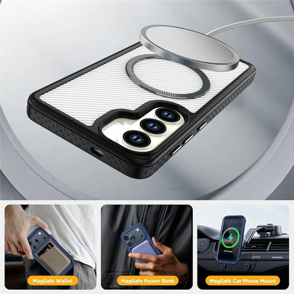 For Samsung Galaxy S26+ Magnetic Case Carbon Fiber Texture PC + TPU Phone Cover with Independent Button - White - 5