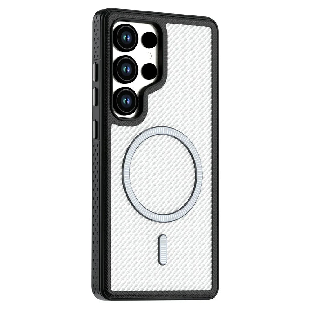 For Samsung Galaxy S26 Ultra Magnetic Case Carbon Fiber Texture PC + TPU Phone Cover with Independent Button - White - 1