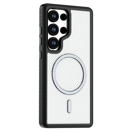 For Samsung Galaxy S26 Ultra Magnetic Case Carbon Fiber Texture PC + TPU Phone Cover with Independent Button - White - 1