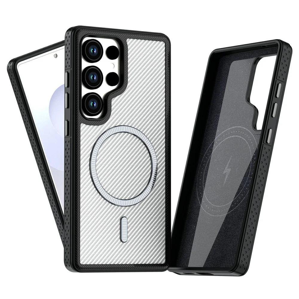 For Samsung Galaxy S26 Ultra Magnetic Case Carbon Fiber Texture PC + TPU Phone Cover with Independent Button - White - 2