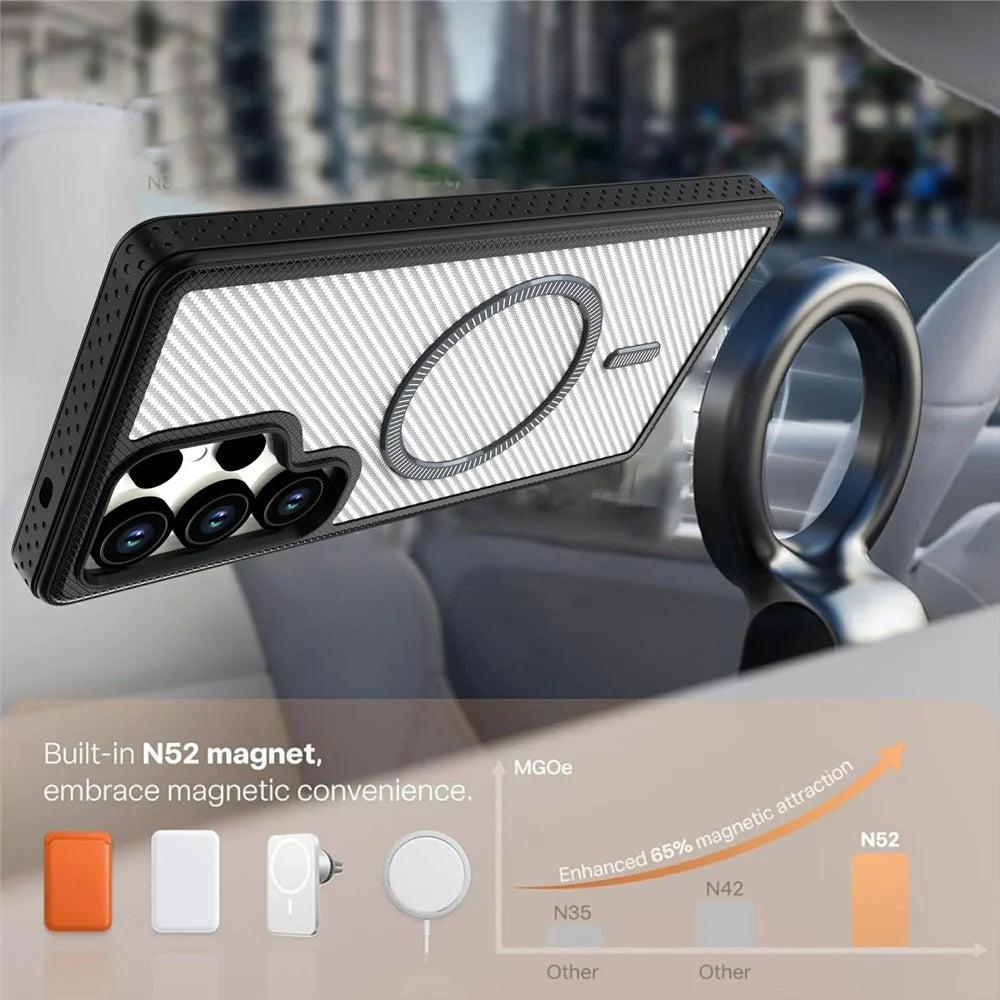 For Samsung Galaxy S26 Ultra Magnetic Case Carbon Fiber Texture PC + TPU Phone Cover with Independent Button - White - 4