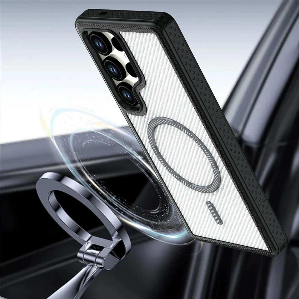 For Samsung Galaxy S26 Ultra Magnetic Case Carbon Fiber Texture PC + TPU Phone Cover with Independent Button - White - 6