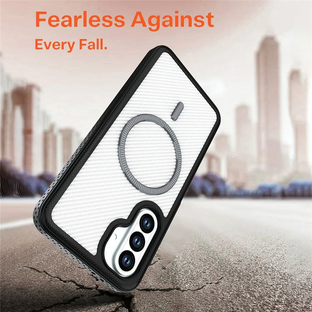 For Samsung Galaxy A18 5G / A18 4G / A17 5G / A17 4G Magnetic Case Carbon Fiber Texture PC + TPU Phone Cover with Independent Button - White - 3