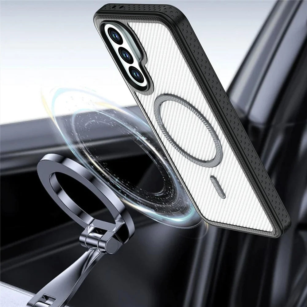 For Samsung Galaxy A36 5G Magnetic Case Carbon Fiber Texture PC + TPU Phone Cover with Independent Button - White - 6
