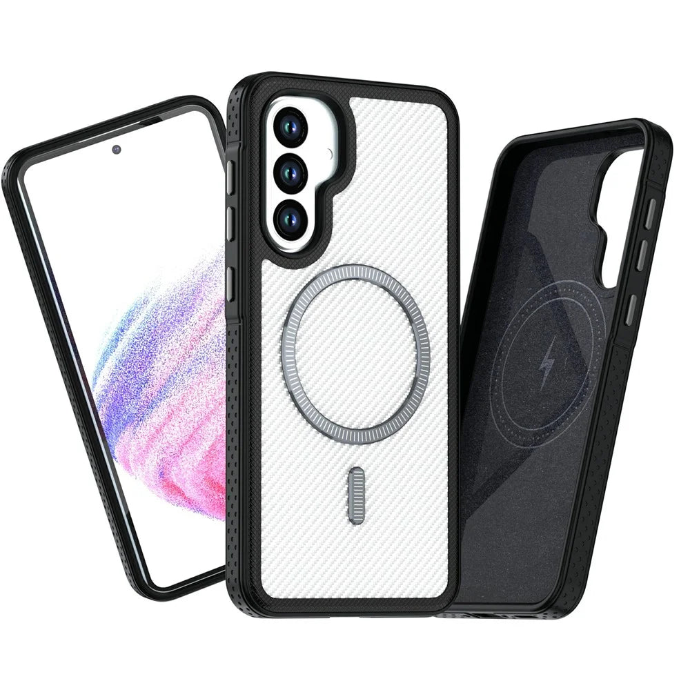 For Samsung Galaxy A56 5G Magnetic Case Carbon Fiber Texture PC + TPU Phone Cover with Independent Button - White - 2
