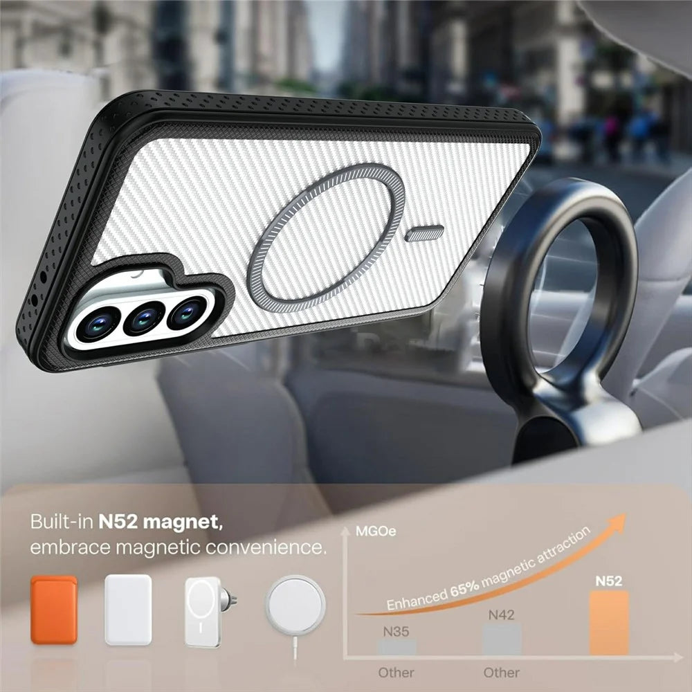 For Samsung Galaxy A56 5G Magnetic Case Carbon Fiber Texture PC + TPU Phone Cover with Independent Button - White - 4