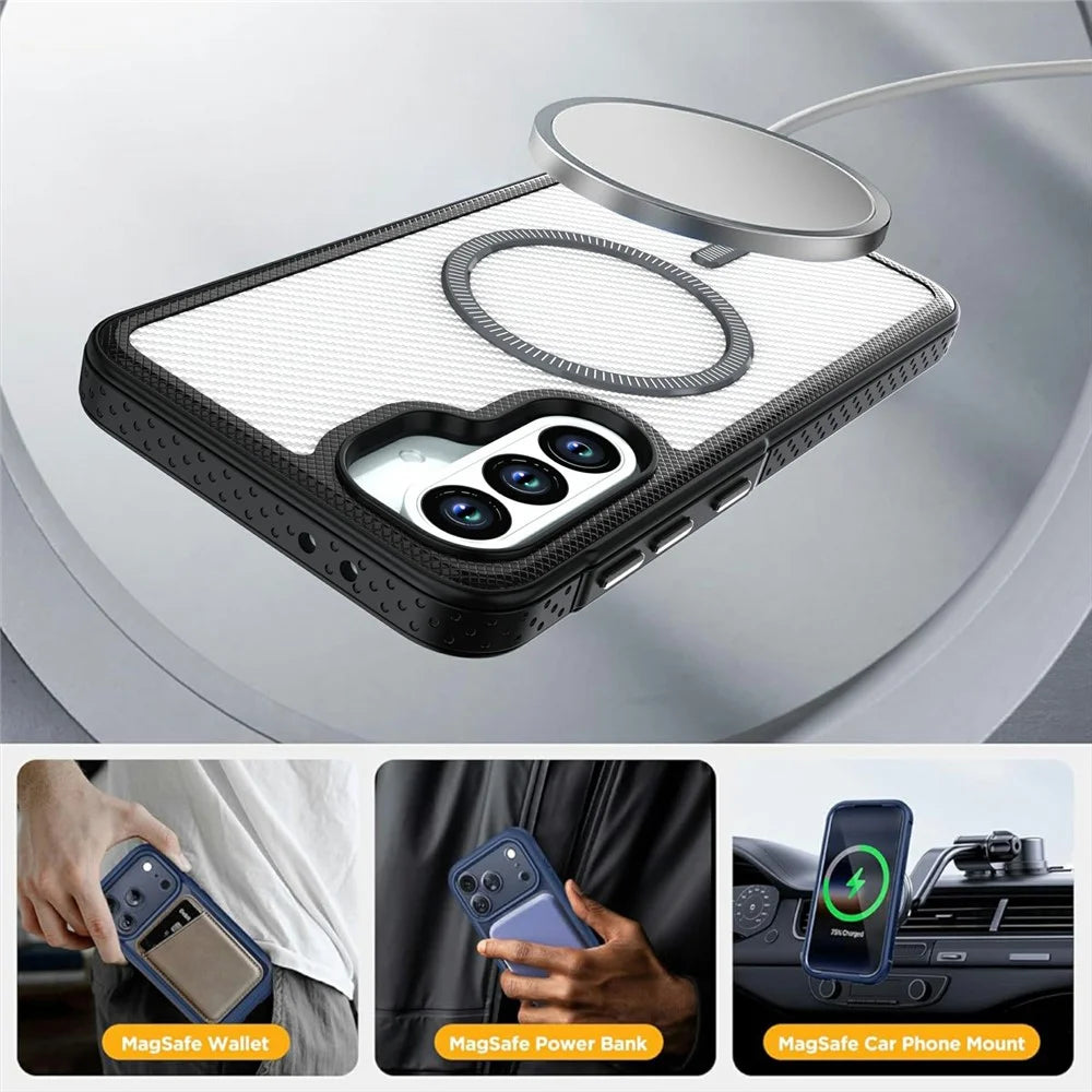 For Samsung Galaxy A56 5G Magnetic Case Carbon Fiber Texture PC + TPU Phone Cover with Independent Button - White - 5