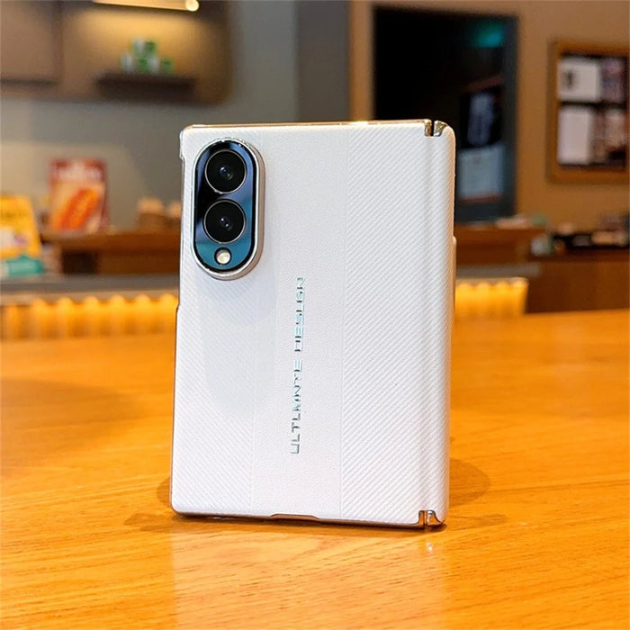 For Samsung Galaxy Z Fold8 Case Dual Axis Hinge Electroplated Metal Frame Leather + PC + TPU Phone Cover - White - 1