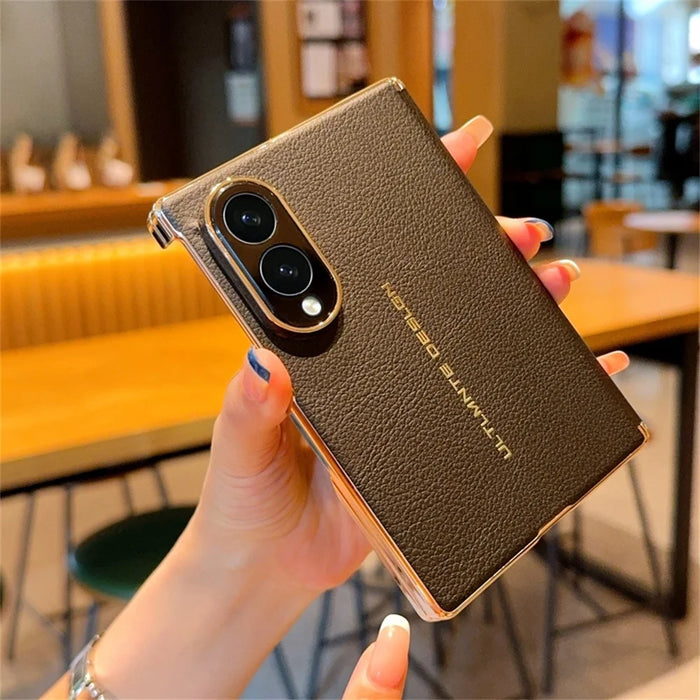 For Samsung Galaxy Z Fold8 Case Dual Axis Hinge Electroplated Litchi Texture Leather + PC + TPU Phone Cover - Black - 2