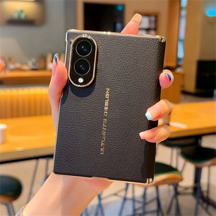 For Samsung Galaxy Z Fold8 Case Dual Axis Hinge Electroplated Litchi Texture Leather + PC + TPU Phone Cover - Black - 3