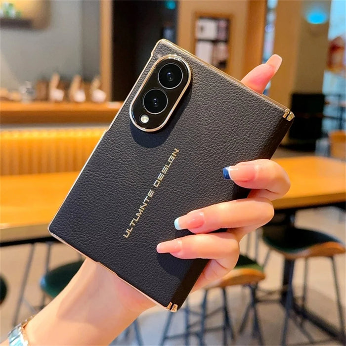 For Samsung Galaxy Z Fold8 Case Dual Axis Hinge Electroplated Litchi Texture Leather + PC + TPU Phone Cover - Black - 4