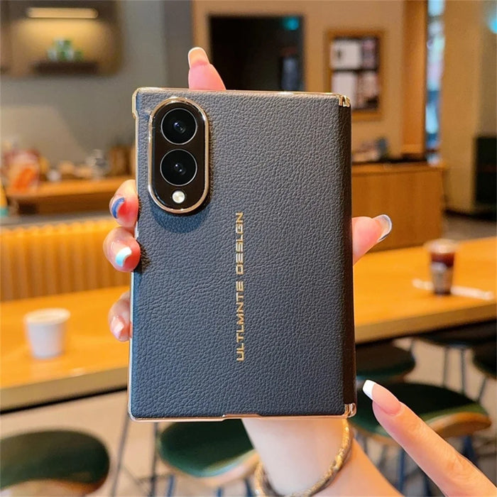 For Samsung Galaxy Z Fold8 Case Dual Axis Hinge Electroplated Litchi Texture Leather + PC + TPU Phone Cover - Black - 5