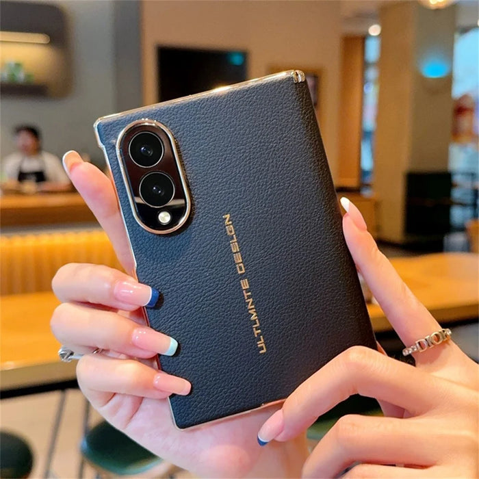 For Samsung Galaxy Z Fold8 Case Dual Axis Hinge Electroplated Litchi Texture Leather + PC + TPU Phone Cover - Black - 6