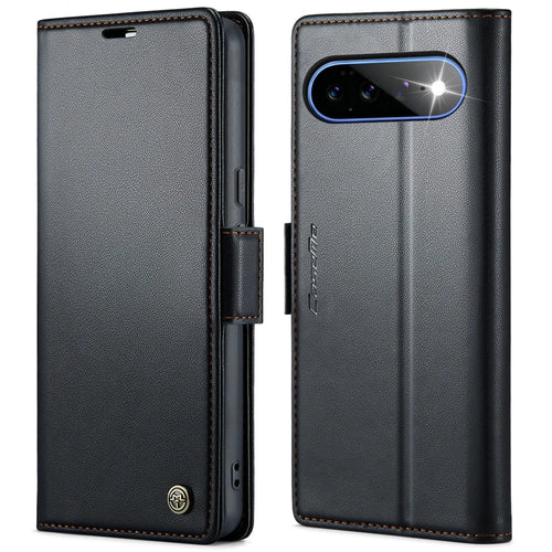 CASEME for Google Pixel 11 Pro XL Case  023 Series RFID Blocking Wallet Stand Glossy Litchi Texture Leather Phone Cover - Black - 1