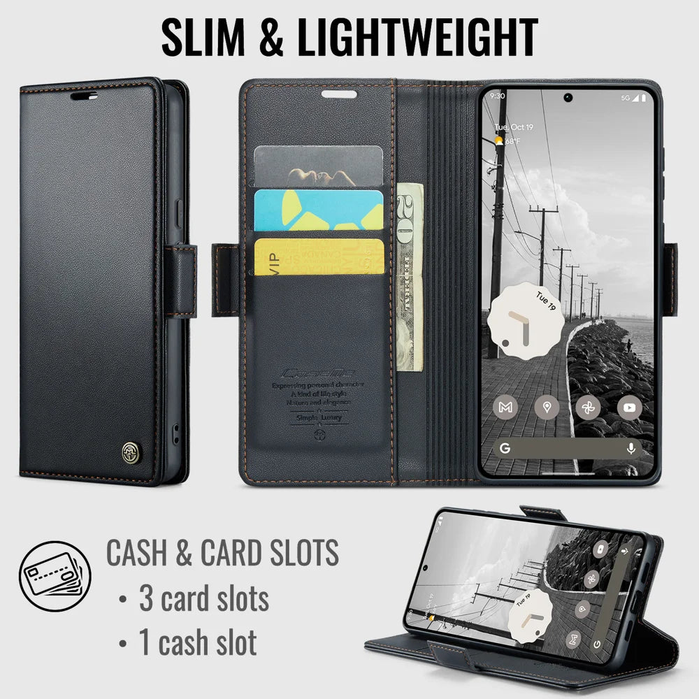 CASEME for Google Pixel 11 Pro XL Case  023 Series RFID Blocking Wallet Stand Glossy Litchi Texture Leather Phone Cover - Black - 2