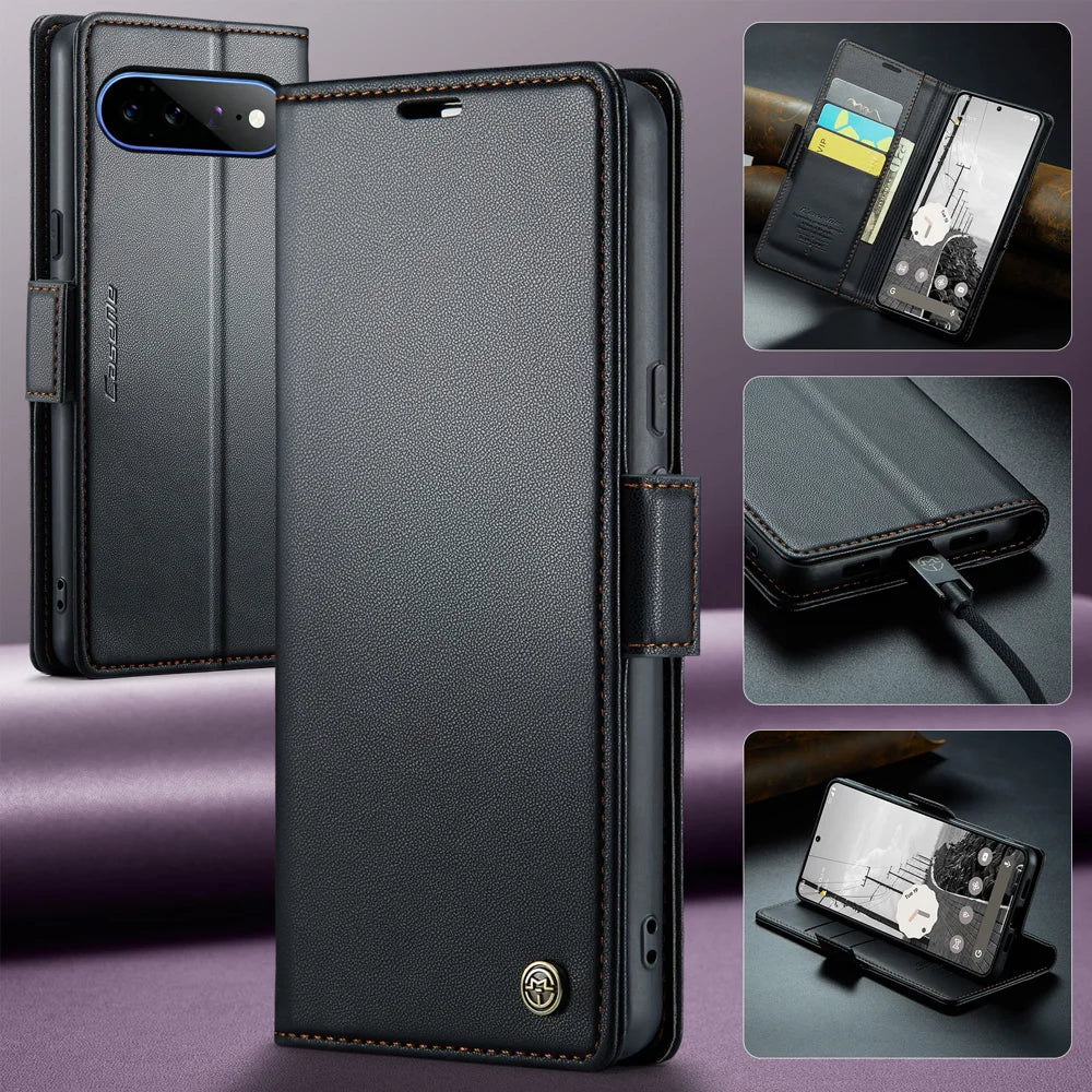 CASEME for Google Pixel 11 Pro XL Case  023 Series RFID Blocking Wallet Stand Glossy Litchi Texture Leather Phone Cover - Black - 6