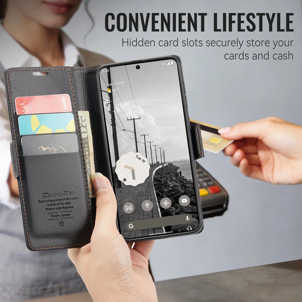 CASEME for Google Pixel 11 Pro XL Case  023 Series RFID Blocking Wallet Stand Glossy Litchi Texture Leather Phone Cover - Black - 7