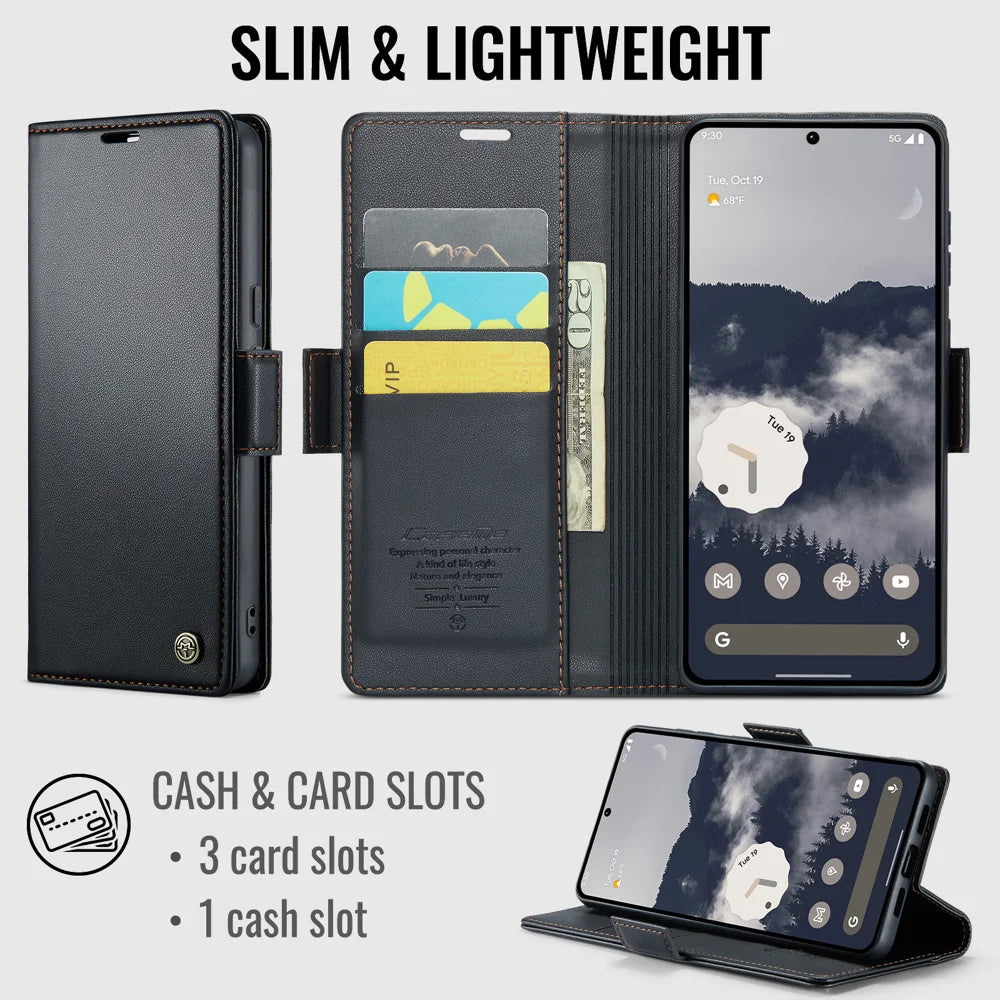 CASEME for Google Pixel 11 Pro / Google Pixel 11 Case  023 Series RFID Blocking Wallet Stand Glossy Litchi Texture Leather Phone Cover - Black - 2