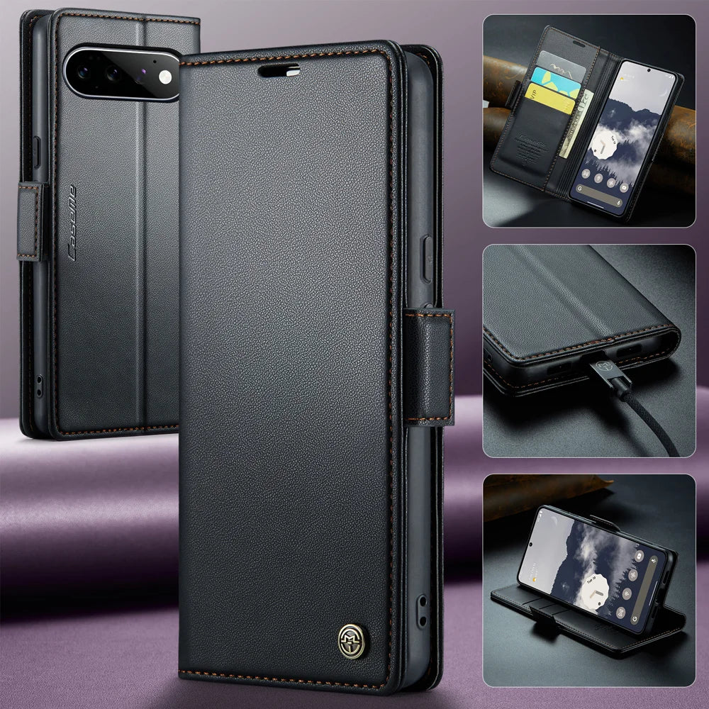 CASEME for Google Pixel 11 Pro / Google Pixel 11 Case  023 Series RFID Blocking Wallet Stand Glossy Litchi Texture Leather Phone Cover - Black - 6