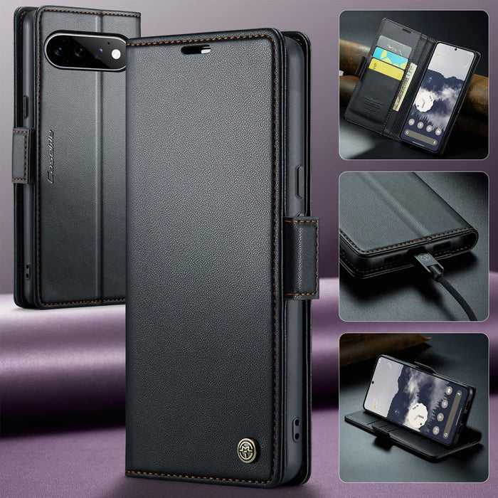 CASEME for Google Pixel 11 Pro / Google Pixel 11 Case  023 Series RFID Blocking Wallet Stand Glossy Litchi Texture Leather Phone Cover - Black - 6