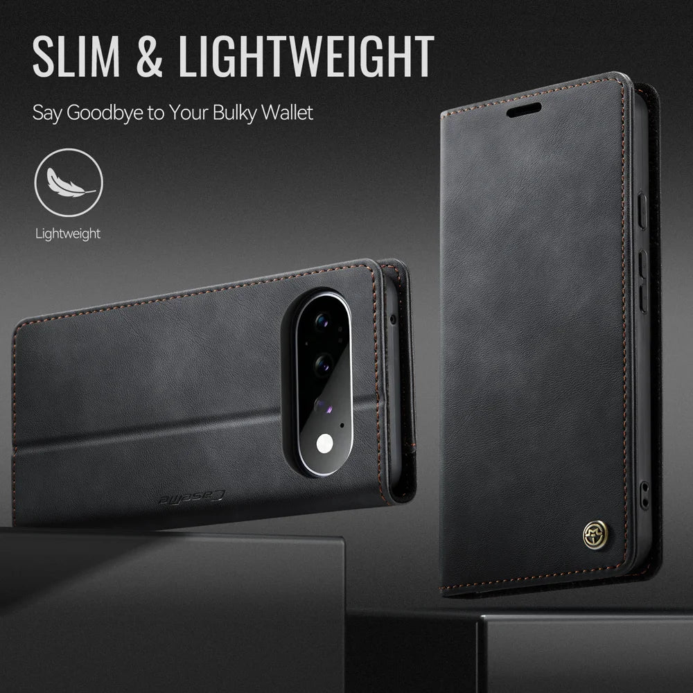 CASEME for Google Pixel 11 Pro / Google Pixel 11 033 Series Case RFID Blocking Wallet Stand Calf Texture Leather Phone Cover - Black - 7