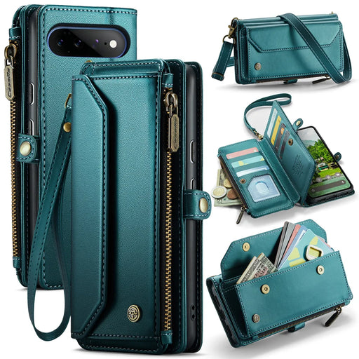 CASEME for Google Pixel 11 Pro XL C36 Leather Case Zipper 10 Card Slots Phone Cover with Straps - Green - 1