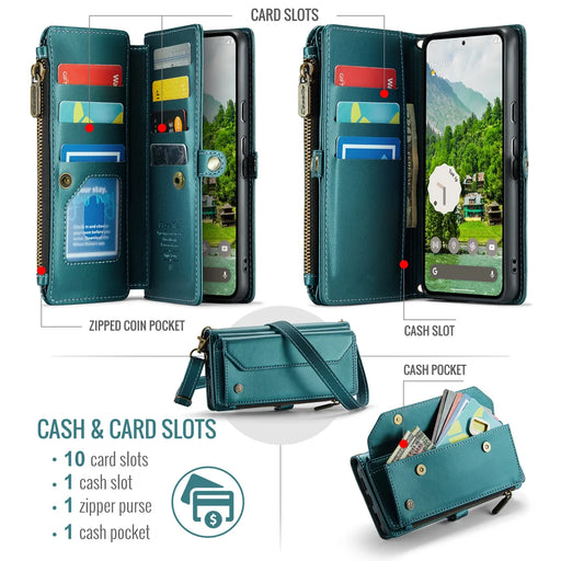 CASEME for Google Pixel 11 Pro XL C36 Leather Case Zipper 10 Card Slots Phone Cover with Straps - Green - 2