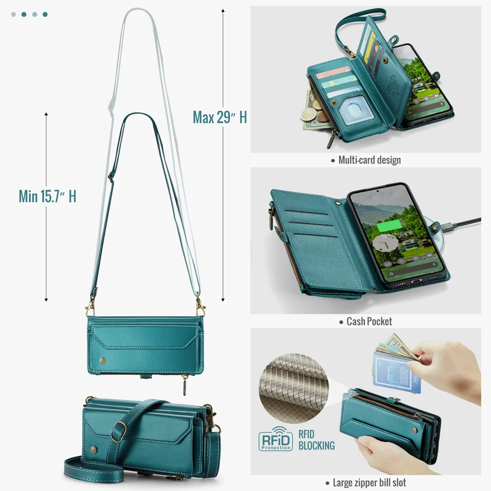 CASEME for Google Pixel 11 Pro XL C36 Leather Case Zipper 10 Card Slots Phone Cover with Straps - Green - 3