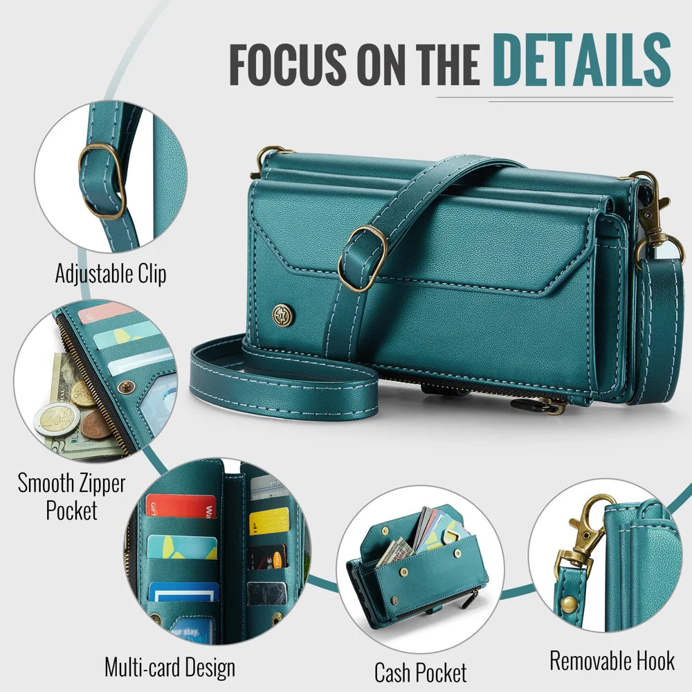 CASEME for Google Pixel 11 Pro XL C36 Leather Case Zipper 10 Card Slots Phone Cover with Straps - Green - 6