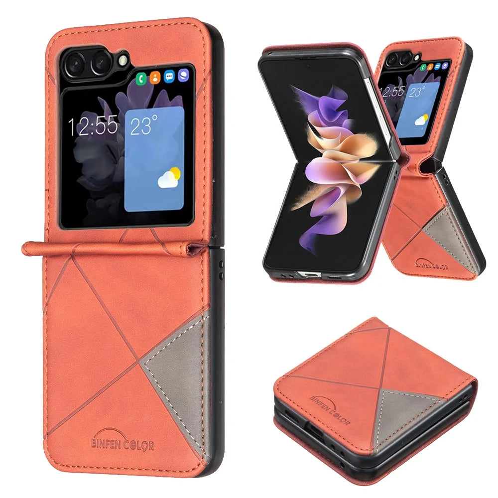 BINFEN COLOR for Samsung Galaxy Z Flip8 Case PU Leather Geometry Imprinted Protective Cover - Brown - 1