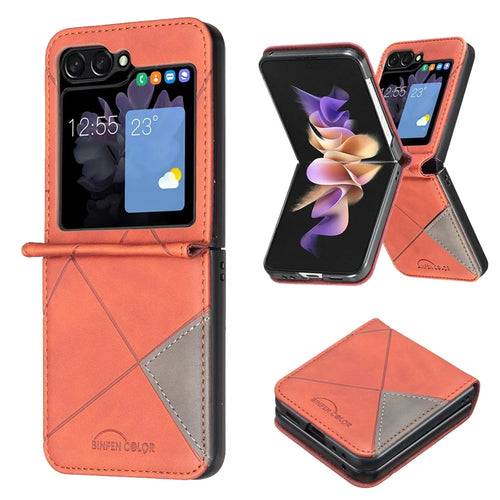 BINFEN COLOR for Samsung Galaxy Z Flip8 Case PU Leather Geometry Imprinted Protective Cover - Brown - 1