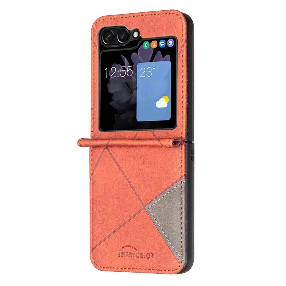 BINFEN COLOR for Samsung Galaxy Z Flip8 Case PU Leather Geometry Imprinted Protective Cover - Brown - 3