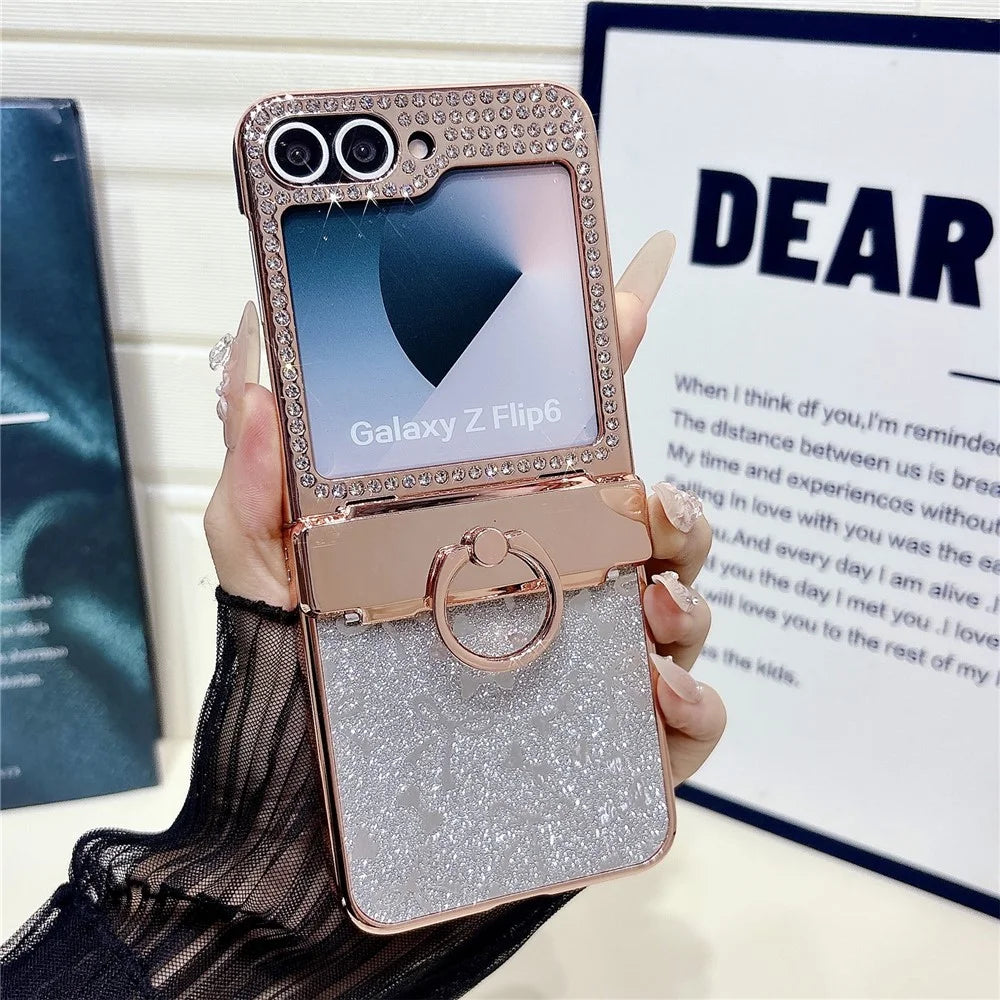 For Samsung Galaxy Z Flip7 FE 5G / Z Flip6 5G Case with Ring Holder Kickstand Bow Design Glitter PC Phone Cover - Silver - 1
