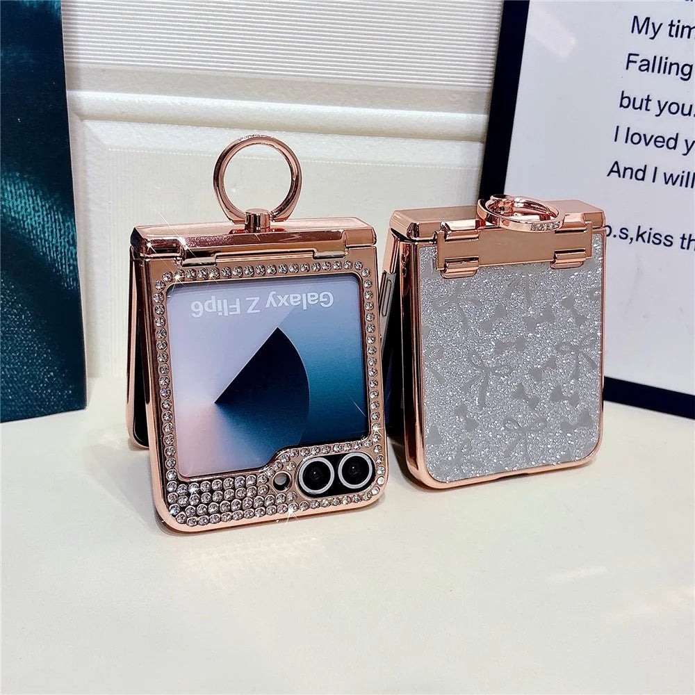 For Samsung Galaxy Z Flip7 FE 5G / Z Flip6 5G Case with Ring Holder Kickstand Bow Design Glitter PC Phone Cover - Silver - 2