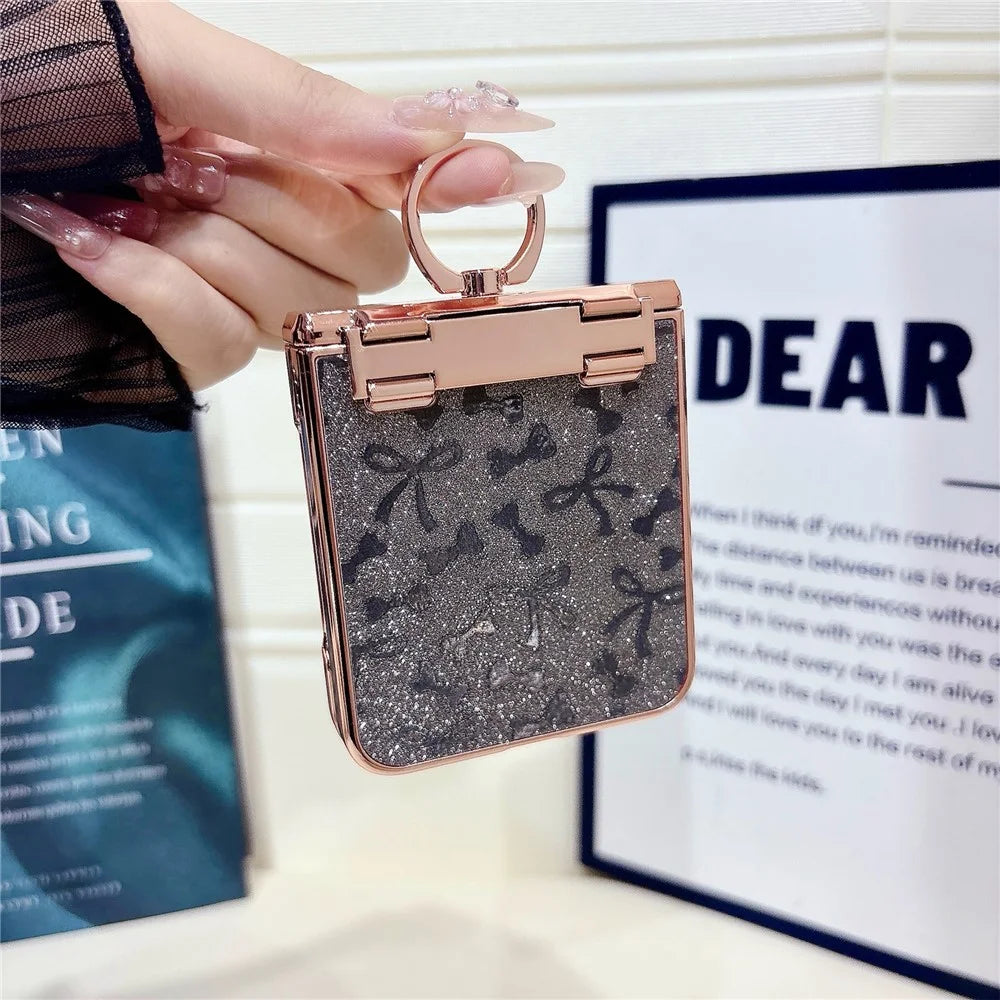 For Samsung Galaxy Z Flip7 FE 5G / Z Flip6 5G Case with Ring Holder Kickstand Bow Design Glitter PC Phone Cover - Silver - 4