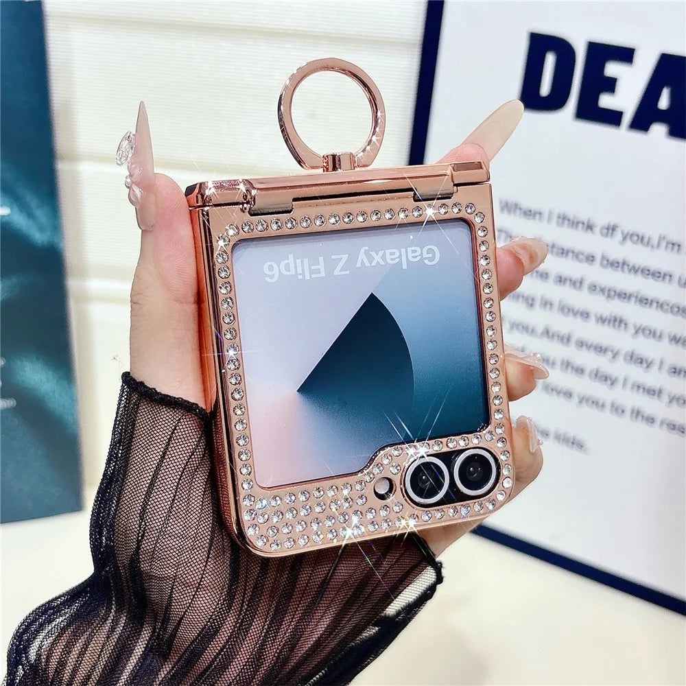 For Samsung Galaxy Z Flip7 FE 5G / Z Flip6 5G Case with Ring Holder Kickstand Bow Design Glitter PC Phone Cover - Silver - 5