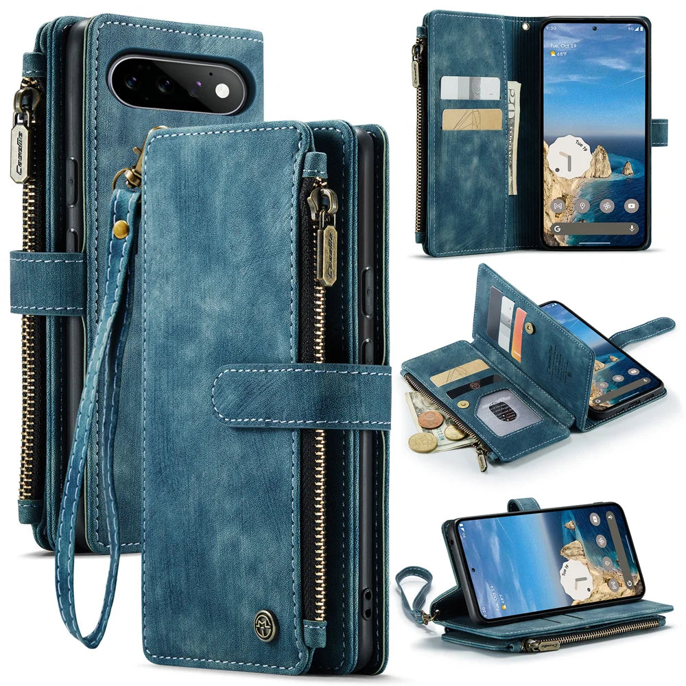 CASEME for Google Pixel 11 Pro / Google Pixel 11 C30 Phone Cases with Strap Zipper Multiple Card Holder PU Leather Cover - Blue - 1