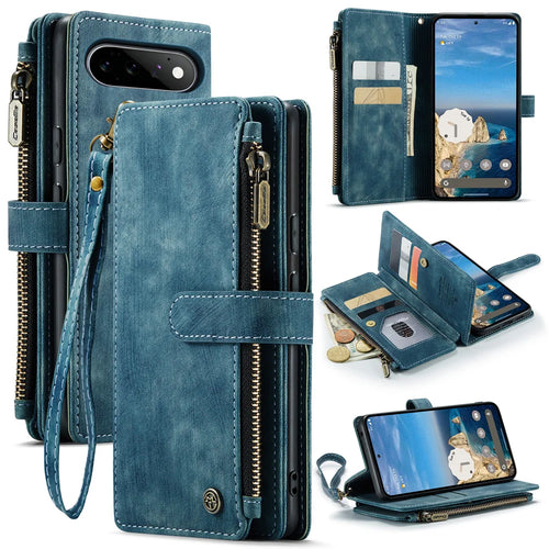 CASEME for Google Pixel 11 Pro / Google Pixel 11 C30 Phone Cases with Strap Zipper Multiple Card Holder PU Leather Cover - Blue - 1