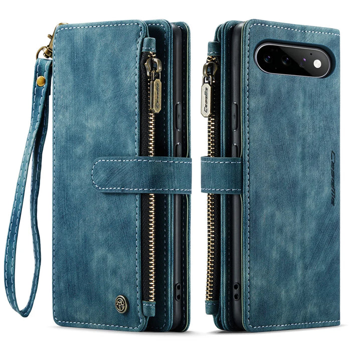 CASEME for Google Pixel 11 Pro / Google Pixel 11 C30 Phone Cases with Strap Zipper Multiple Card Holder PU Leather Cover - Blue - 2