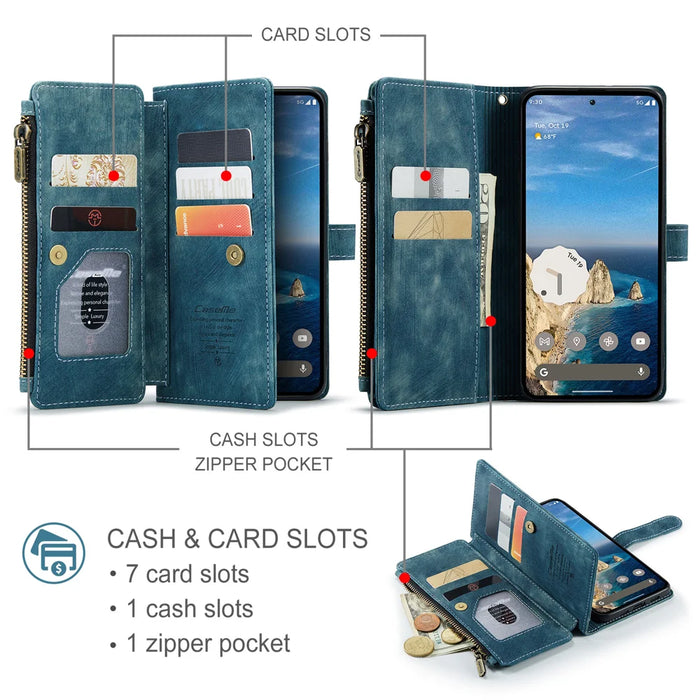 CASEME for Google Pixel 11 Pro / Google Pixel 11 C30 Phone Cases with Strap Zipper Multiple Card Holder PU Leather Cover - Blue - 3