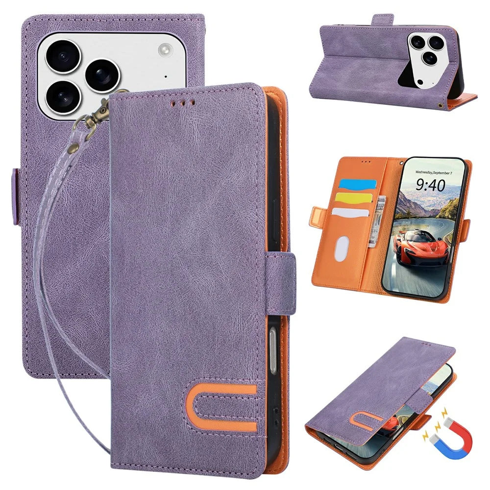 For iPhone 17 Pro Max  /  18 Pro Max Case U-Shape Decoration Magnetic Side Clasp Wallet Leather Phone Cover with Wrist Strap - Purple - 1