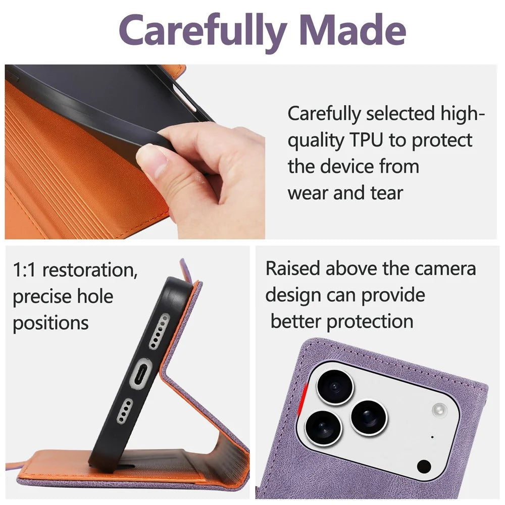 For iPhone 17 Pro Max  /  18 Pro Max Case U-Shape Decoration Magnetic Side Clasp Wallet Leather Phone Cover with Wrist Strap - Purple - 6