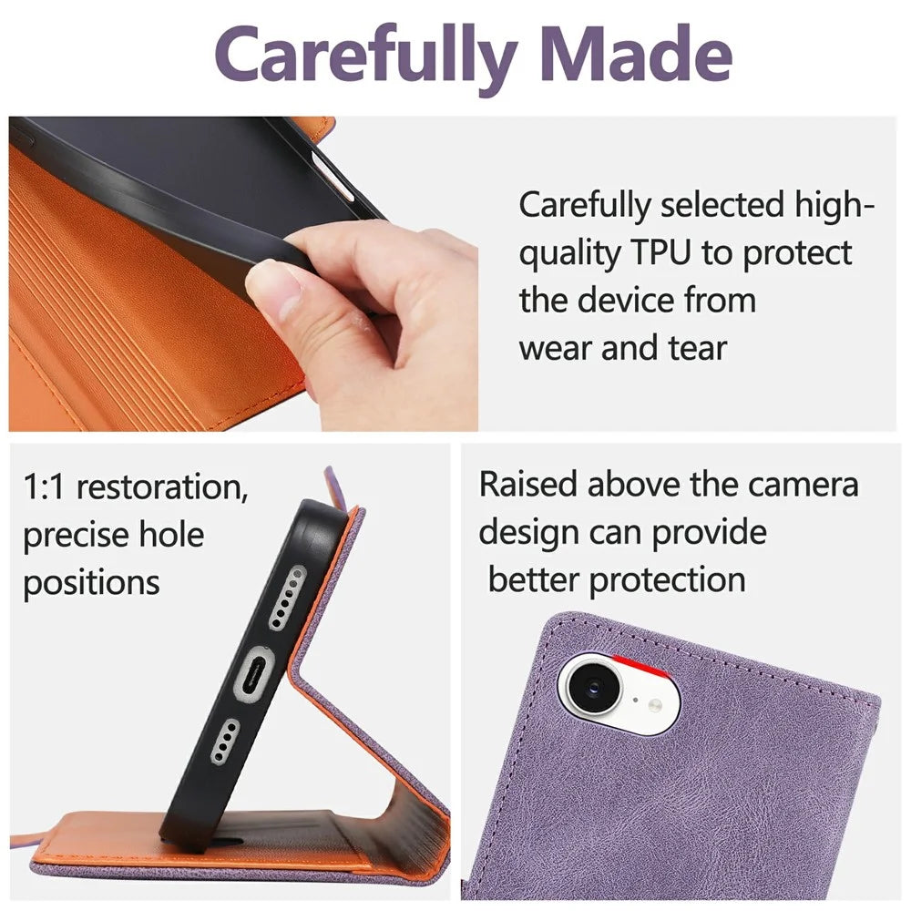 For iPhone 17e  /  16e Case U-Shape Decoration Magnetic Side Clasp Wallet Leather Phone Cover with Wrist Strap - Purple - 6